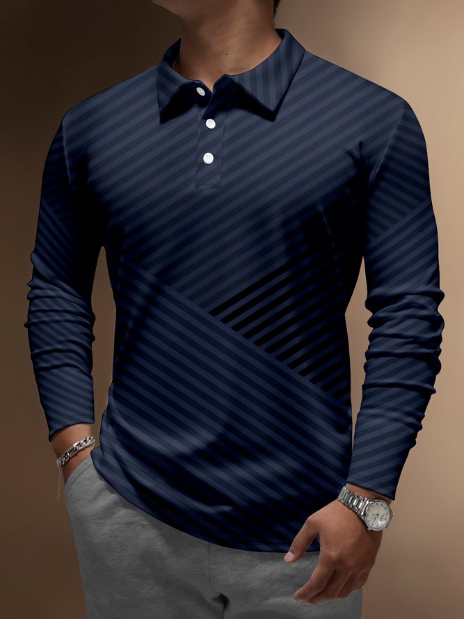Striped  Buttons Long Sleeve Polo