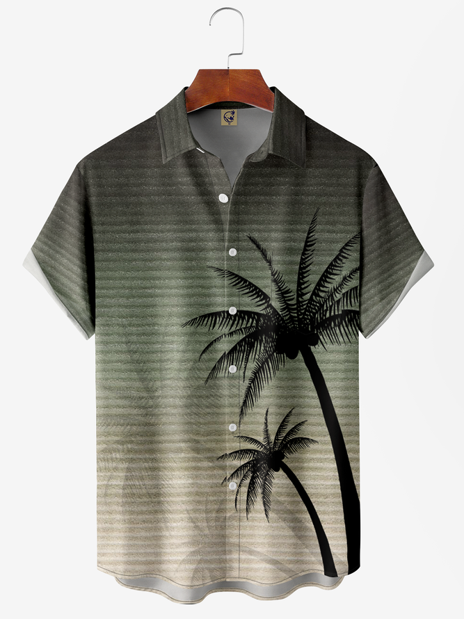 Gradient Texture Coconut Tree Chest Pocket Short Sleeve Casual Shirt