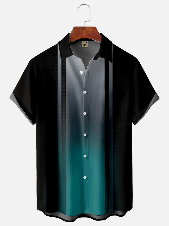 Gradient Color Chest Pocket Short Sleeve Bowling Shirt
