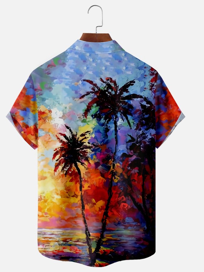 Coconut Tree Painting Chest Pocket Short Sleeve Hawaiian Shirt
