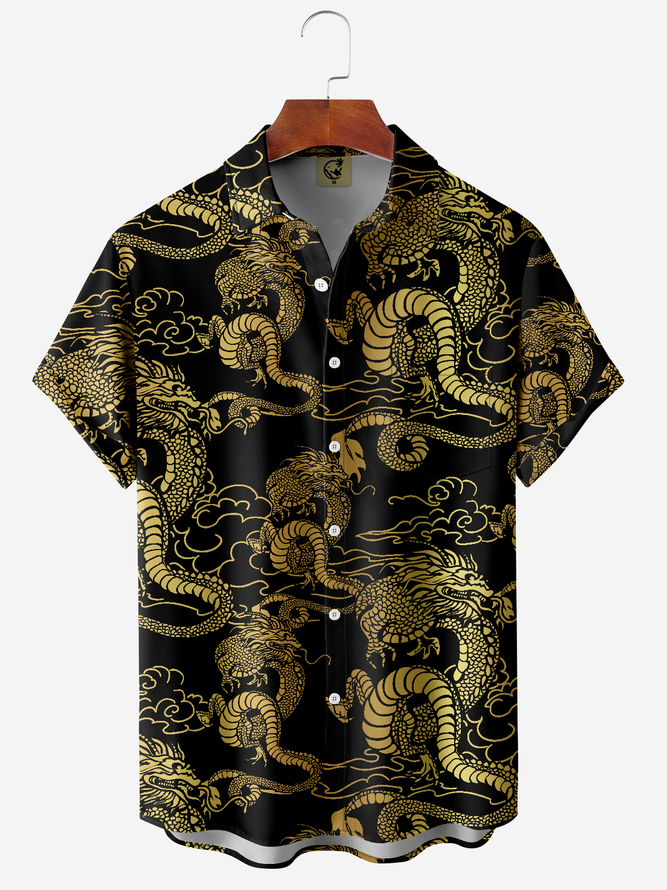 Ukiyo-e Black Gold Dragon Chest Pocket Short Sleeve Shirt