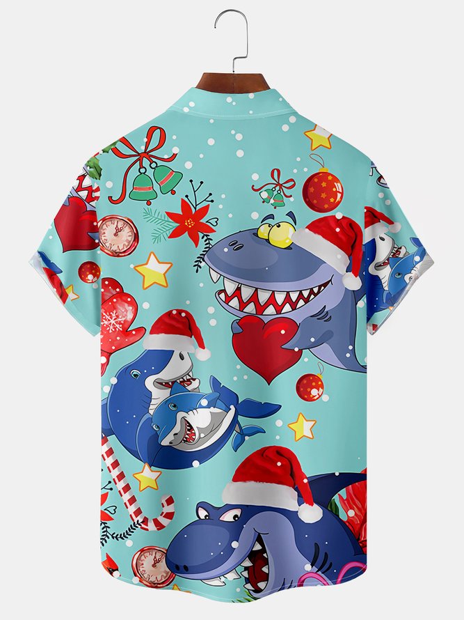 Christmas Shark Chest Pocket Short Sleeve Casual Shirt