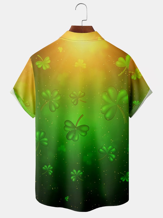St. Patrick's Day Shamrock Chest Pocket Short Sleeve Hawaiian Shirt