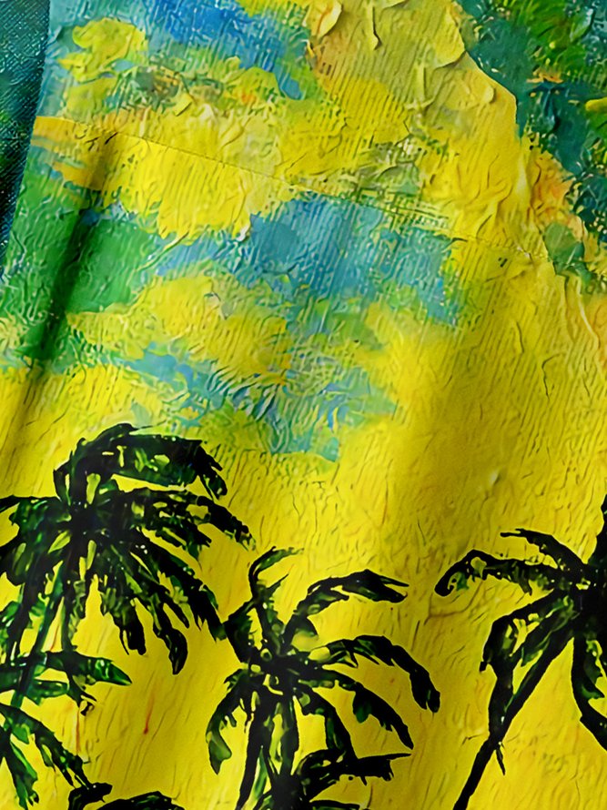 Art Painting Coconut Tree Chest Pocket Short Sleeve Hawaiian Shirt