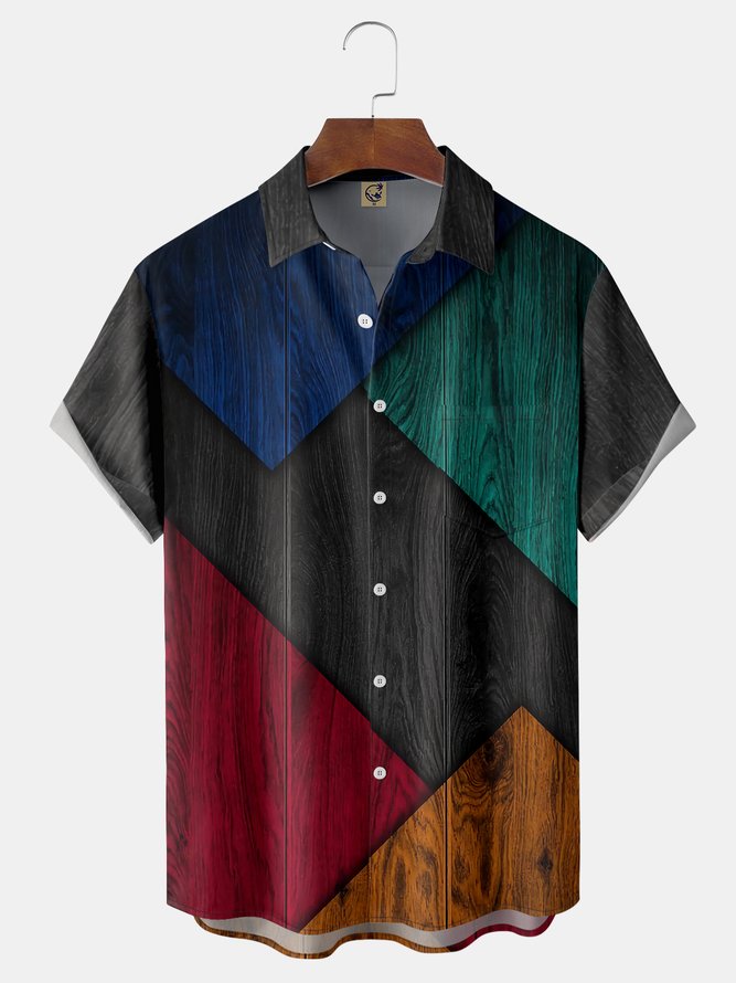 Ombre Wood Grain Chest Pocket Short Sleeve Casual Shirt