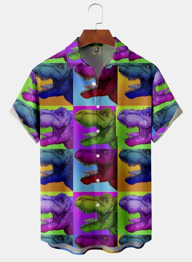 Dinosaur Pop Art Chest Pocket Short Sleeve Casual Shirt