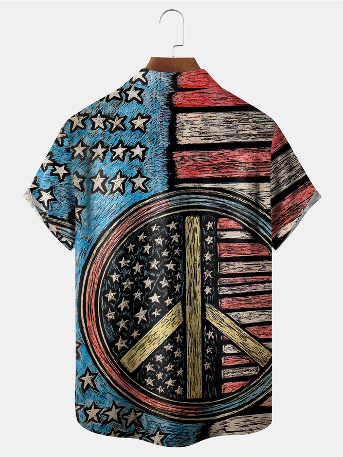America Flag Peace&Love Chest Pocket Short Sleeve Shirt