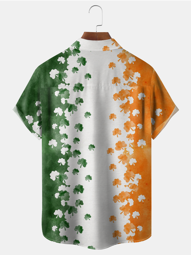 St. Patrick's Day Four-Leaf Clover Chest Pocket Short Sleeve Shirt