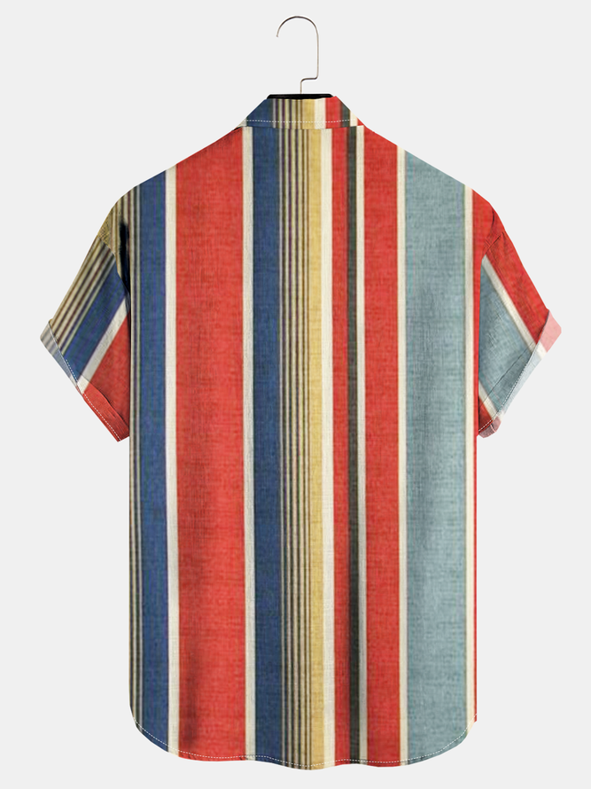 Coconut Tree Striped Chest Pocket Short Sleeve Vacation Shirt