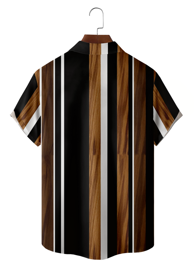 Wood Grain Chest Pocket Short Sleeve Bowling Shirt