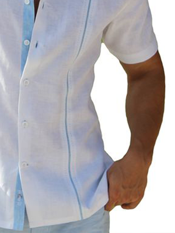 Stripe Contrast Short Sleeve Guayabera Shirt