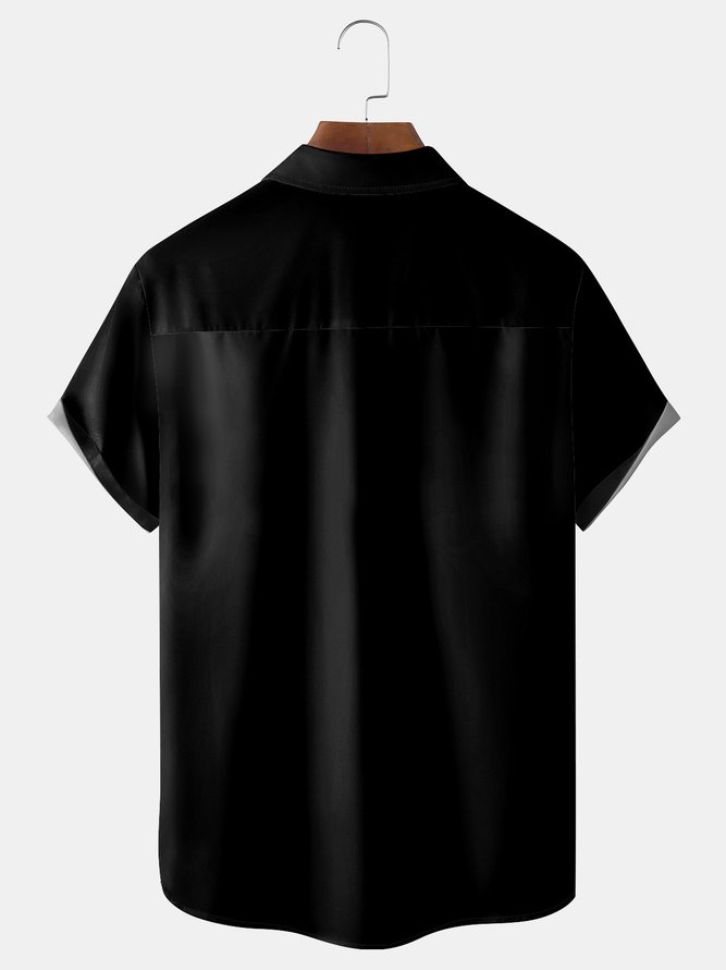 Geometric Color-block Chest Pocket Short Sleeve Bowling Shirt