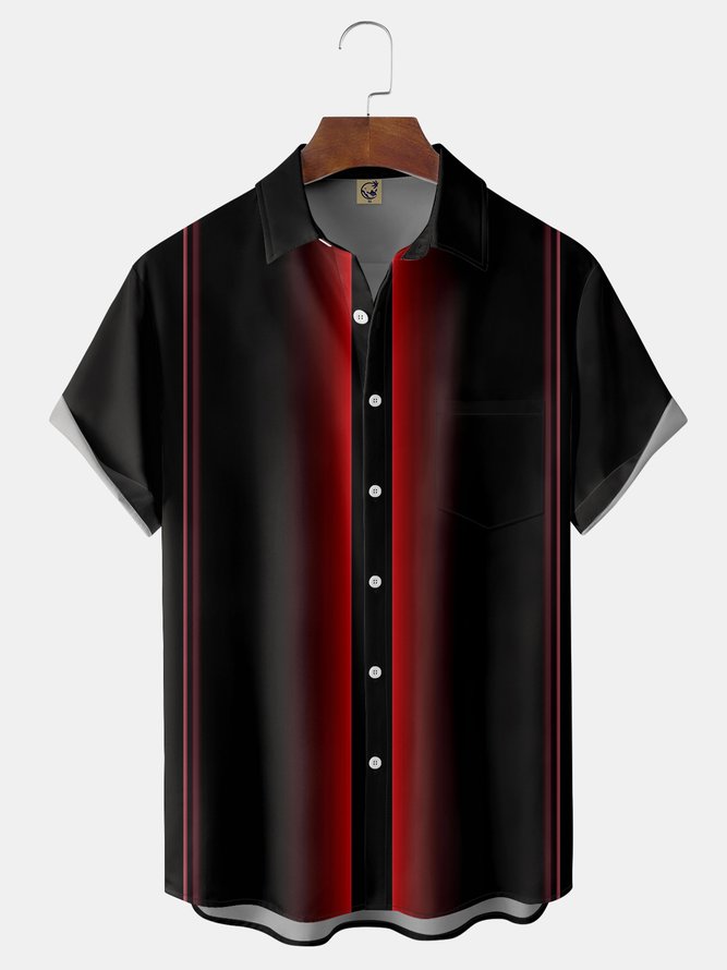 Geometric Color-block Chest Pocket Short Sleeve Bowling Shirt