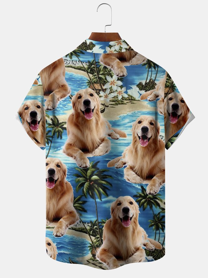 Golden Retriever Dog Chest Pocket Short Sleeve Hawaiian Shirt