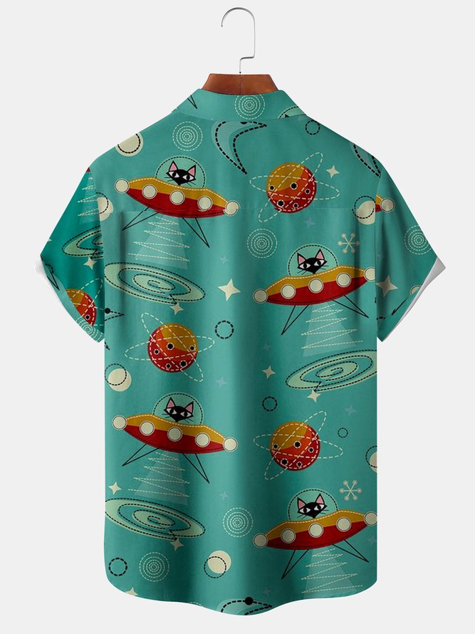 Big Size Space Cat Chest Pocket Short Sleeve Casual Shirt