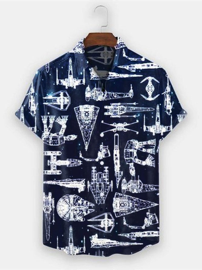 Big Size Universe Space Shuttle Chest Pocket Short Sleeve Casual Shirt