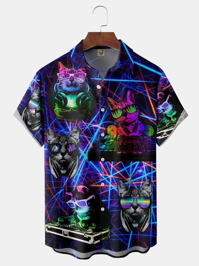 Music Cat Chest Pocket Short Sleeve Shirt