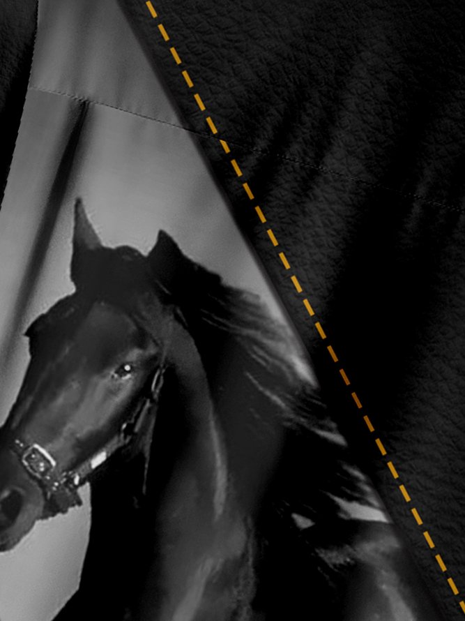 Horse Chest Pocket Short Sleeve Casual Shirt