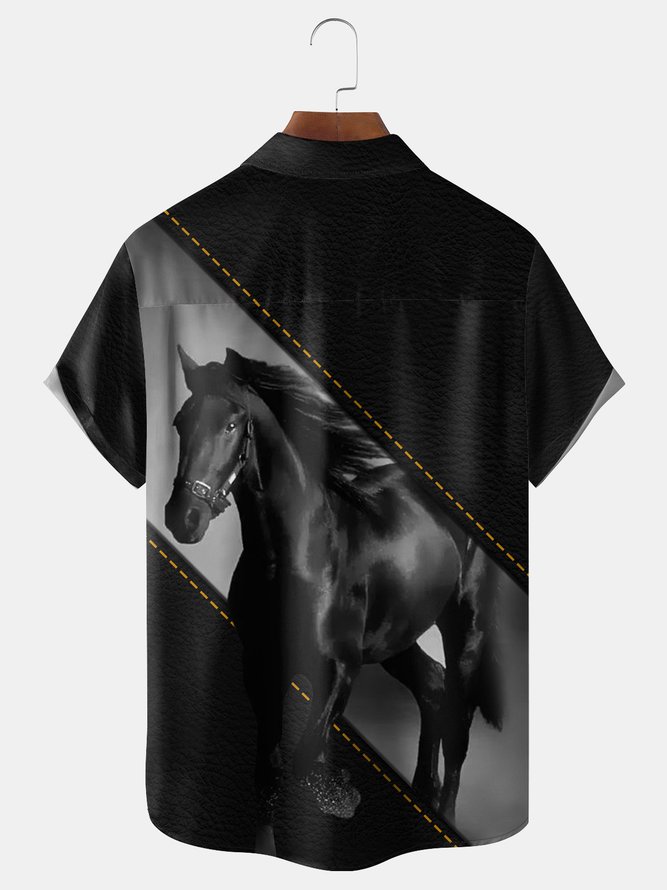 Horse Chest Pocket Short Sleeve Casual Shirt