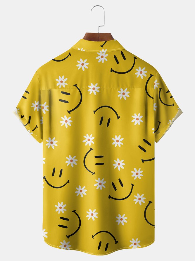 Floral Smile Chest Pocket Short Sleeve Hawaiian Shirt