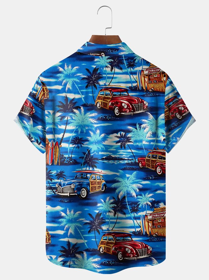 Vintage Car Coconut Tree Chest Pocket Short Sleeve Hawaiian Shirt