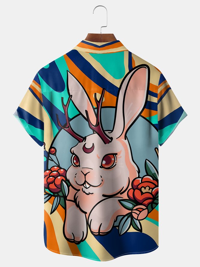 Easter Bunny Chest Pocket Short Sleeves Casual Shirt