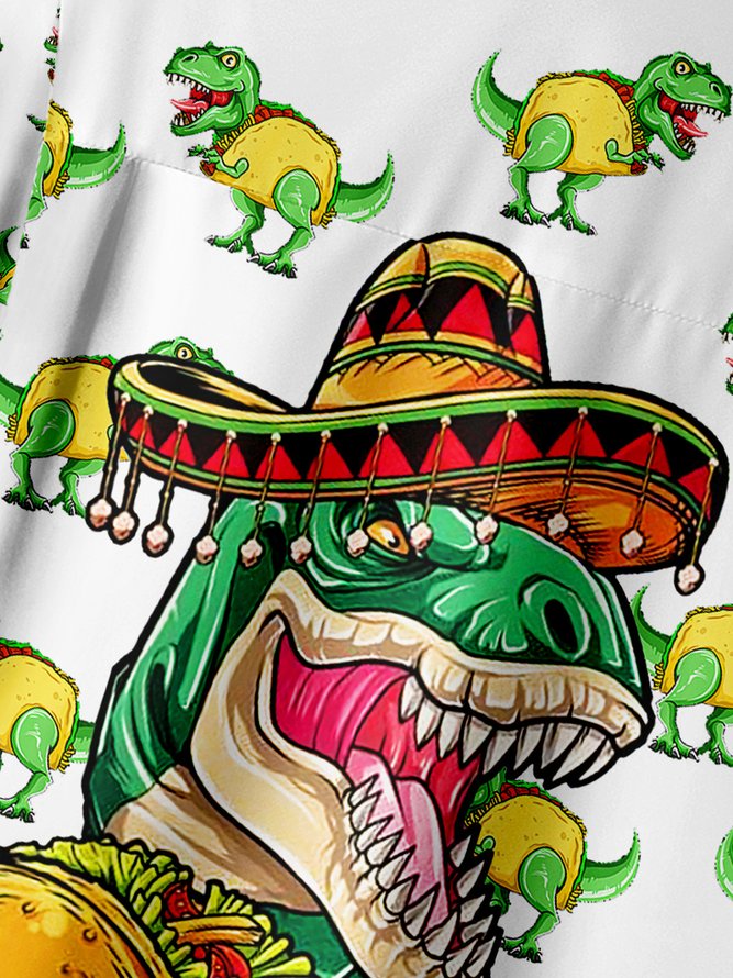 Cinco de Mayo Creative Dinosaur Chest Pocket Short Sleeve Casual Shirt