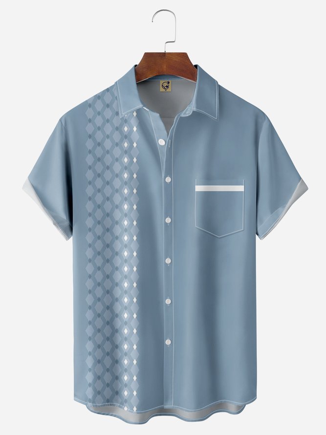 Diamond Striped Chest Pocket Short Sleeve Casual Shirt