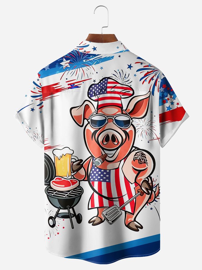 American Flag Mr Pig Cook Chest Pocket Short Sleeve Casual Shirt