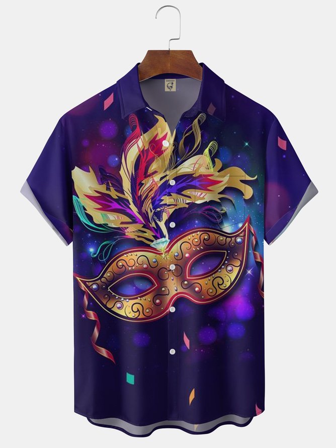 Big Size Carnival Party Mask Chest Pocket Short Sleeve Shirt