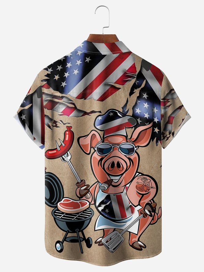 BBQ Pig Cooker Chest Pocket Short Sleeve Casual Shirt