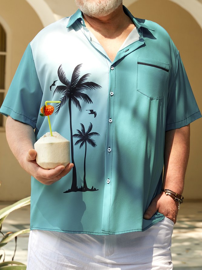 Big Size Coconut Tree Chest Pocket Short Sleeve Casual Shirt