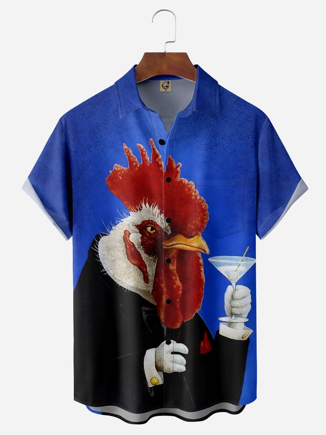 Rooster Painting Chest Pocket Short Sleeve Casual Shirt