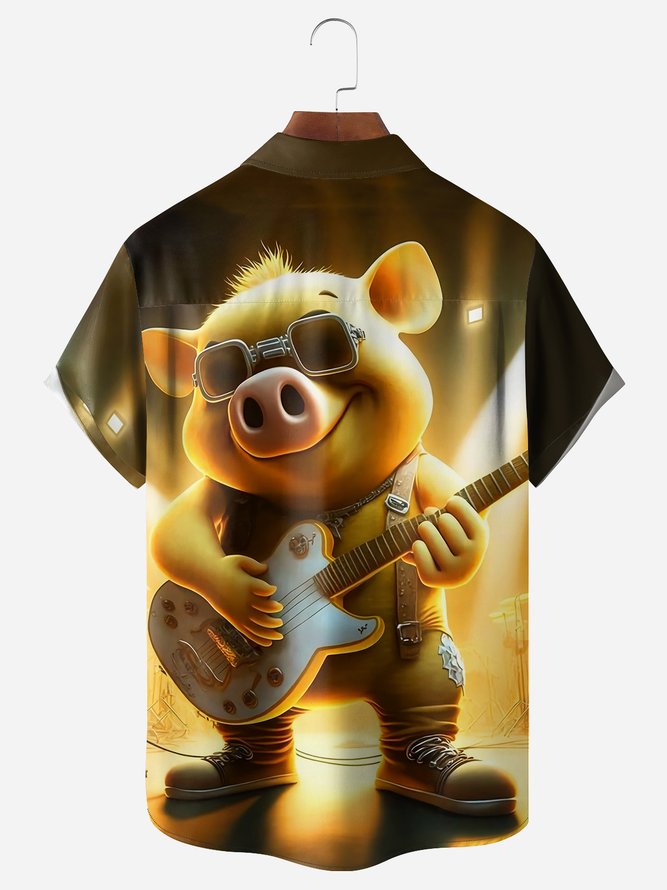Rock Guitar Pig Chest Pocket Short Sleeve Casual Shirt