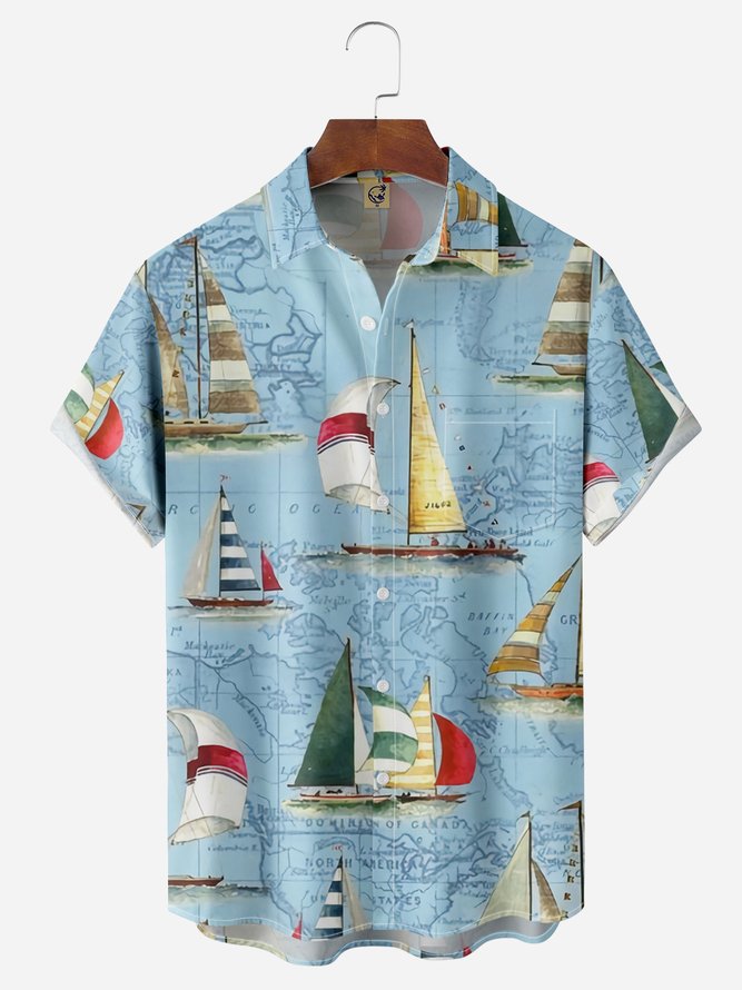 Map Sailing Chest Pocket Short Sleeves Hawaiian Shirts