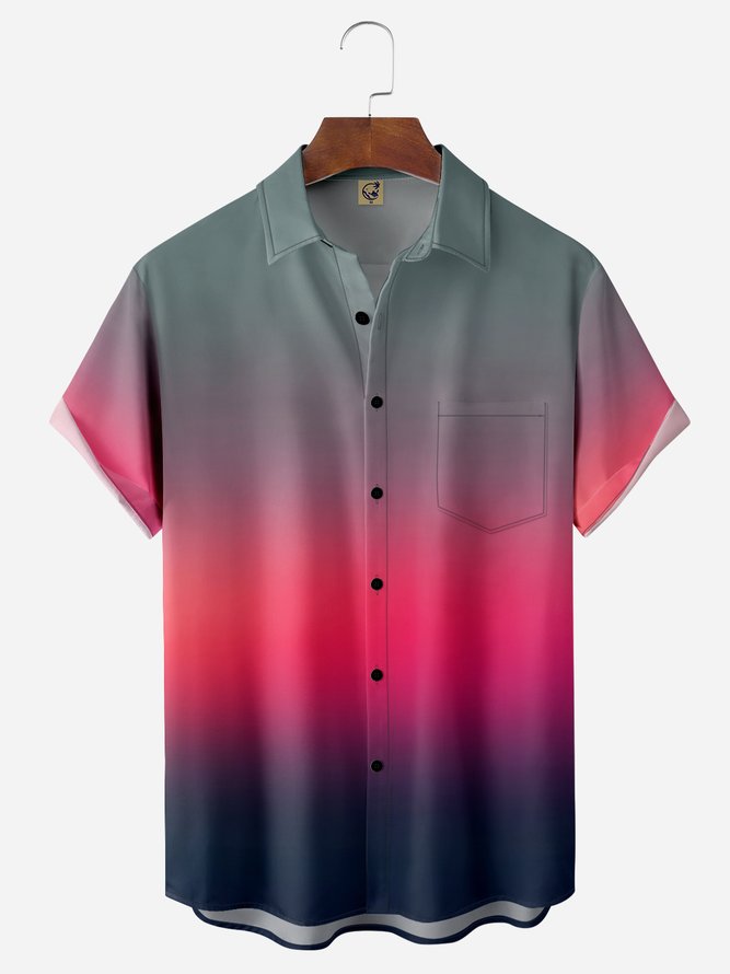 Gradient Color Chest Pocket Short Sleeve Casual Shirt