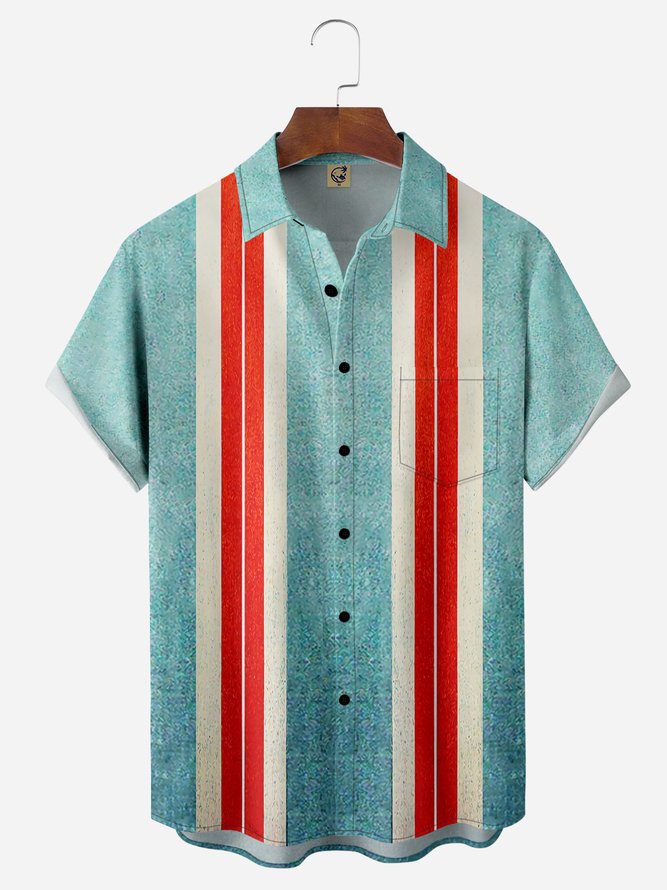 Gradient Color Striped Chest Pocket Short Sleeve Bowling Shirt