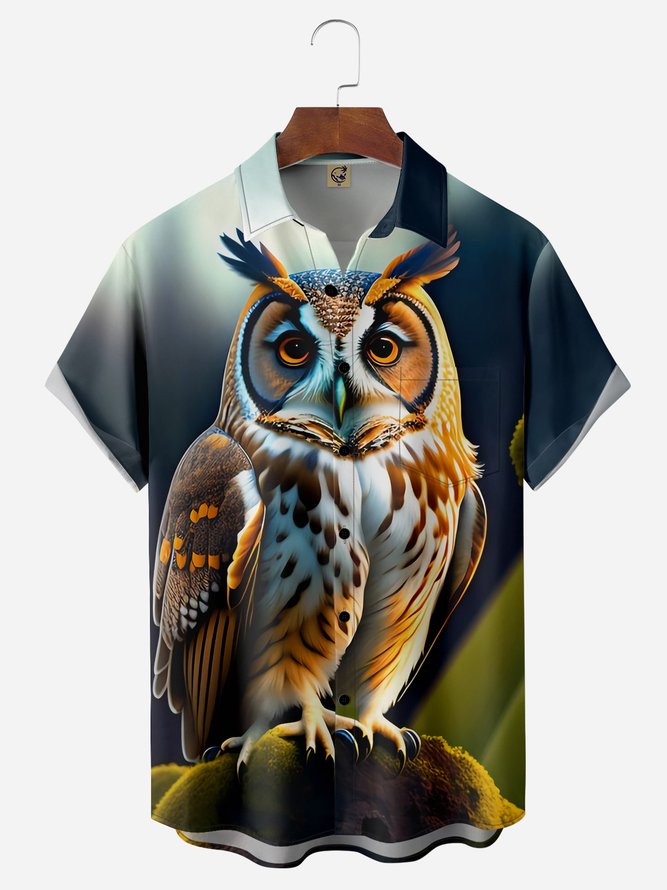 Owl Chest Pocket Short Sleeve Hawaiian Shirt