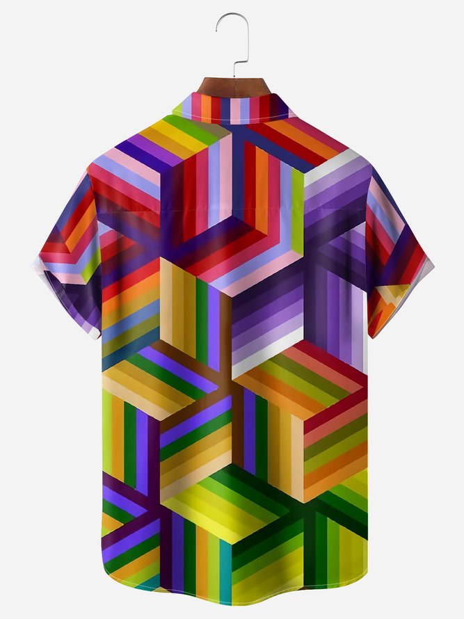 Geometric Multicolored Chest Pocket Short Sleeves Casual Shirts