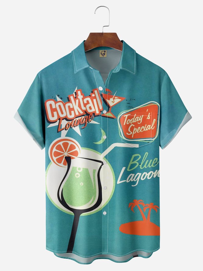 Cocktail Glasses Chest Pockets Short Sleeves Hawaiian Shirts