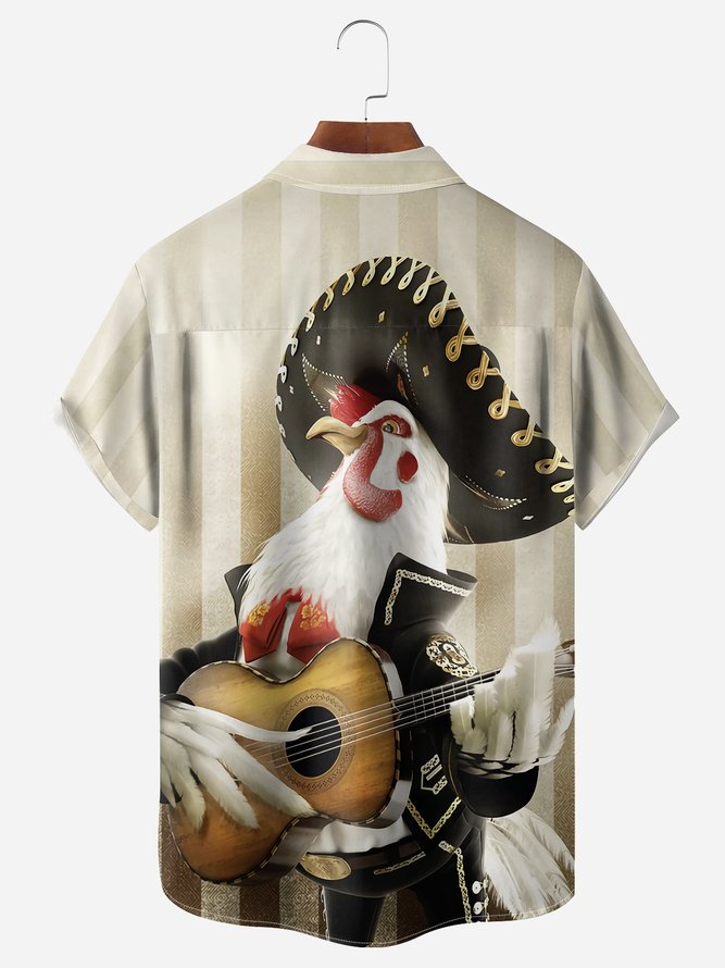 Rooster Guitar Chest Pocket Short Sleeves Casual Shirts