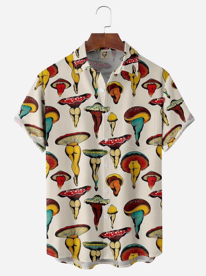 Fun Mushroom Chest Pocket Short Sleeve Casual Shirt