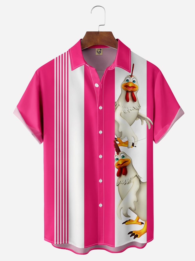 Happy Rooster Chest Pocket Short Sleeve Bowling Shirt