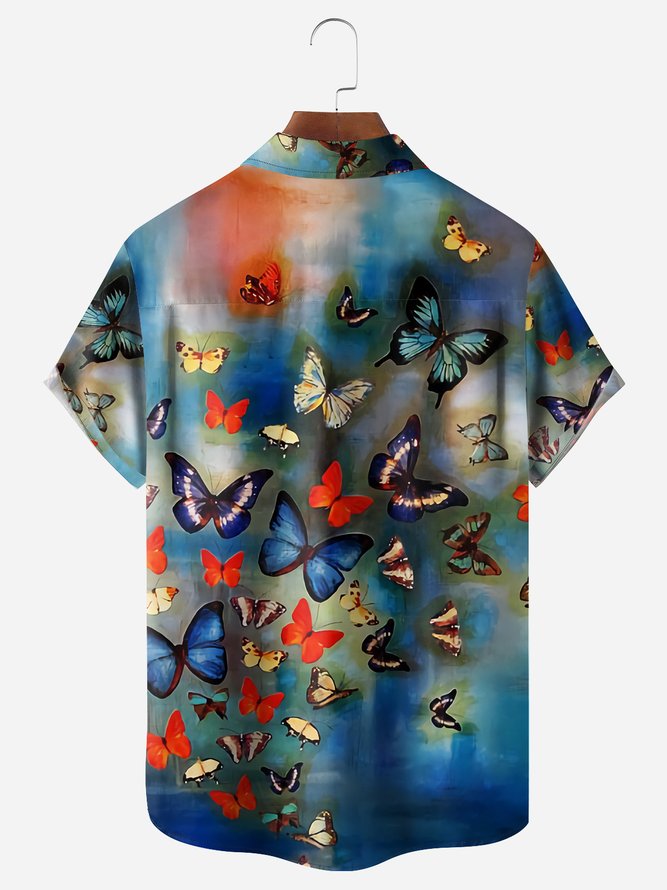 Butterfly Chest Pocket Short Sleeve Hawaiian Shirt
