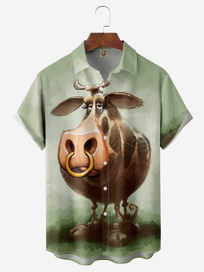 Cartoon Cow Chest Pocket Short Sleeve Casual Shirt