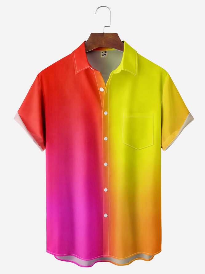 Gradient Color Chest Pocket Short Sleeve Casual Shirt