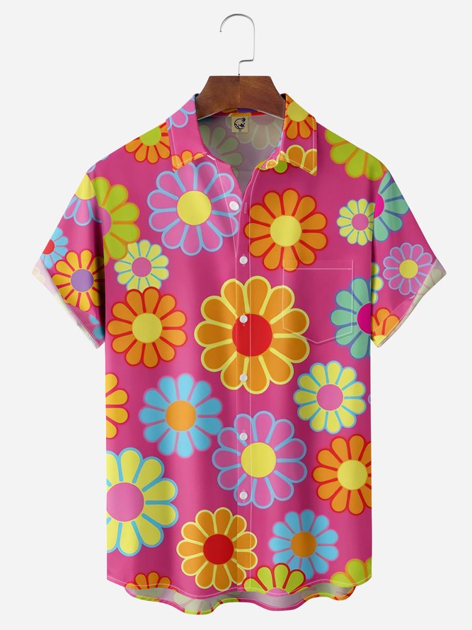 Flower Chest Pocket Short Sleeve Casual Shirt