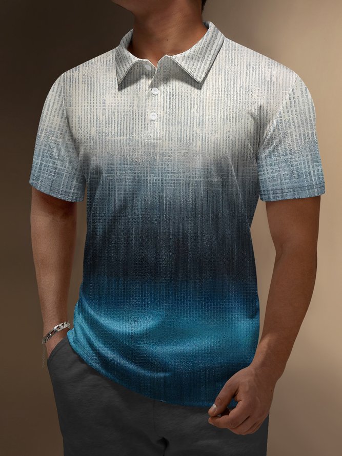 Ombre Abstract Stripes Button Short Sleeve Polo Shirt