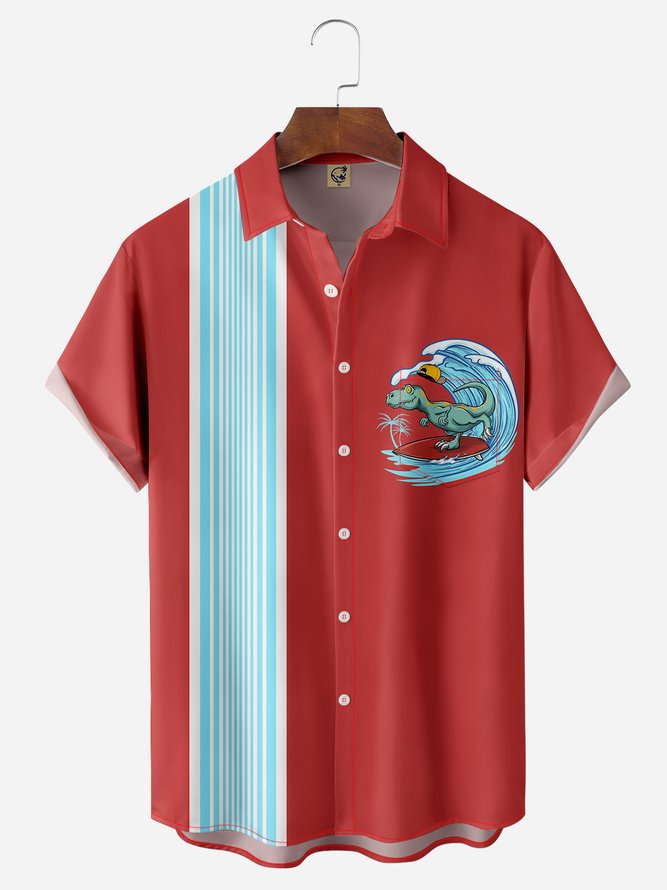 Surfing Dinosaur Chest Pocket Short Sleeve Hawaiian Shirt