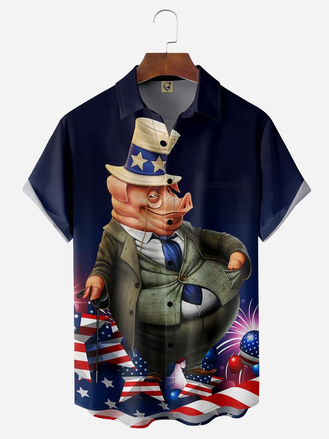 American Flag Mr Pig Chest Pocket Short Sleeve Casual Shirt
